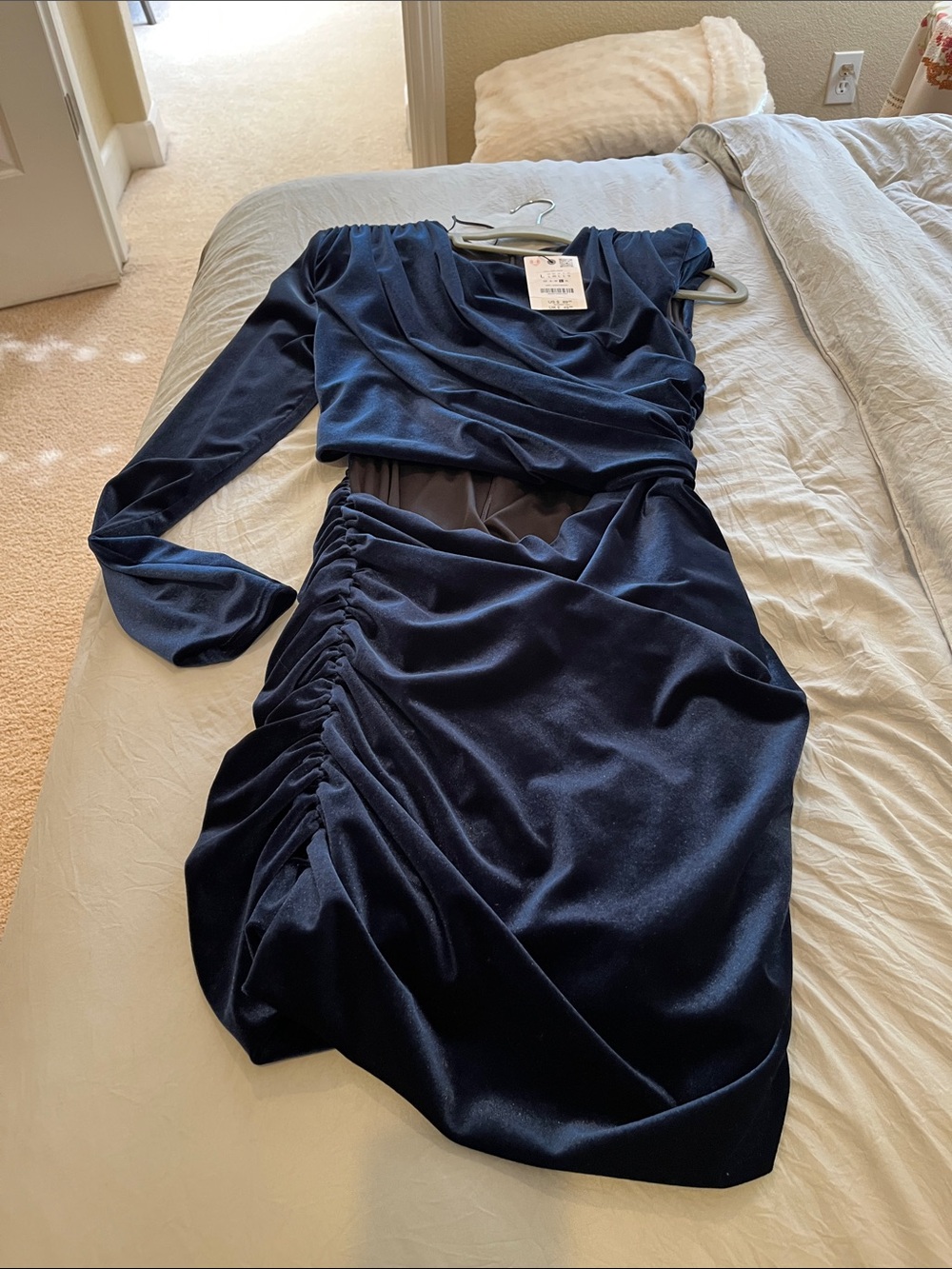 Zara Navy Long-Sleeve Ruched Wrap-Style Dress